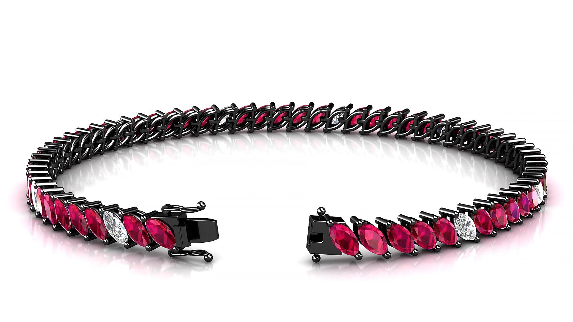Venezia 5-1 | 18k Black Gold 5 x 2.5 mm Marquise Natural Ruby & Diamond 16 cm Tennis Bracelet