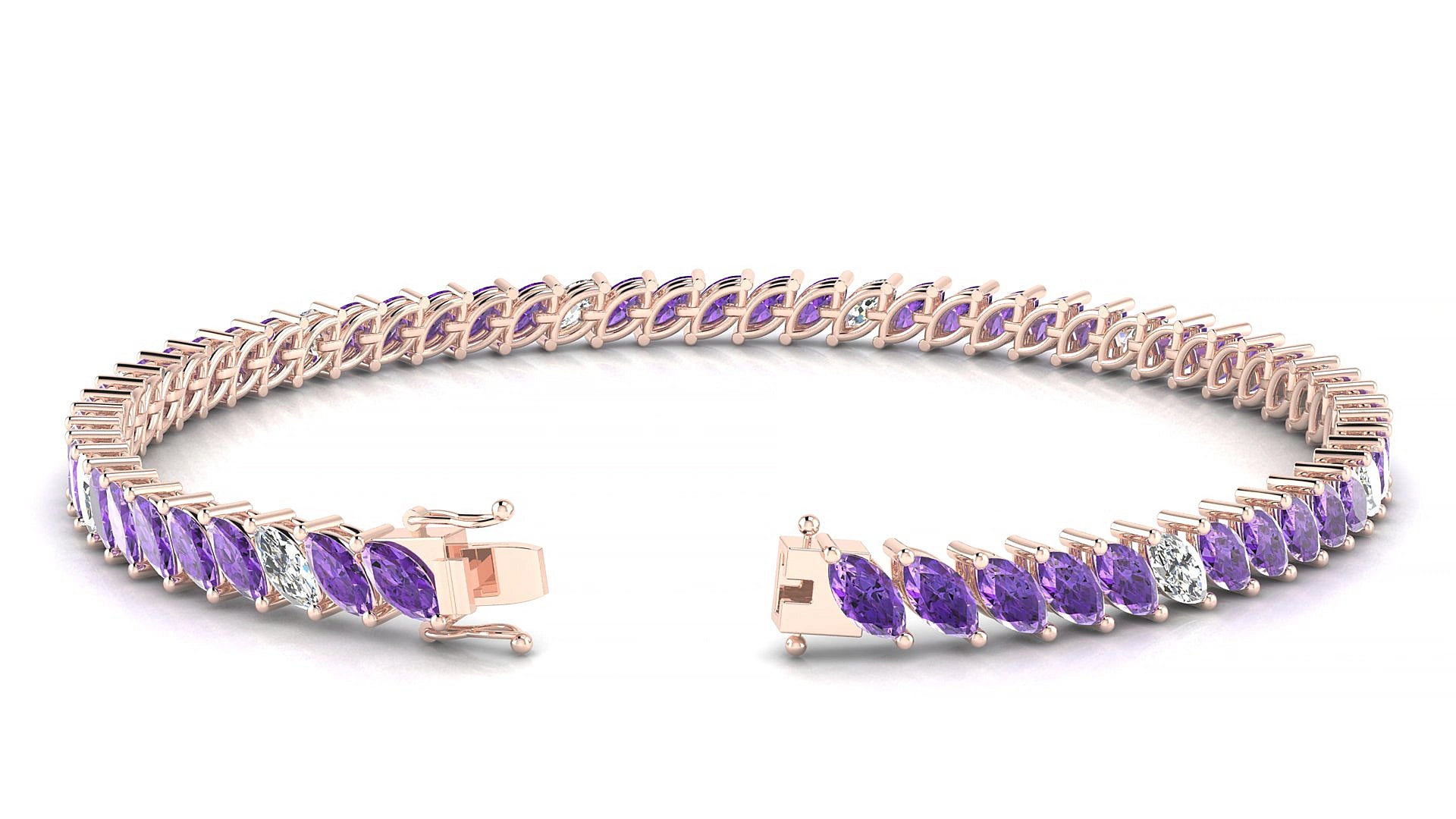 Venezia 5-1 | 18k Rose Gold 5 x 2.5 mm Marquise Natural Amethyst & Diamond 15 cm Tennis Bracelet