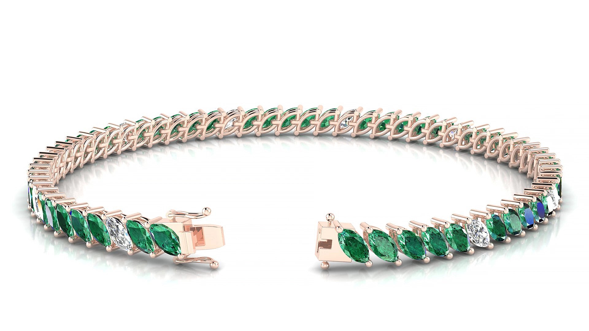 Venezia 5-1 | 18k Rose Gold 5 x 2.5 mm Marquise Natural Emerald & Diamond 15 cm Tennis Bracelet