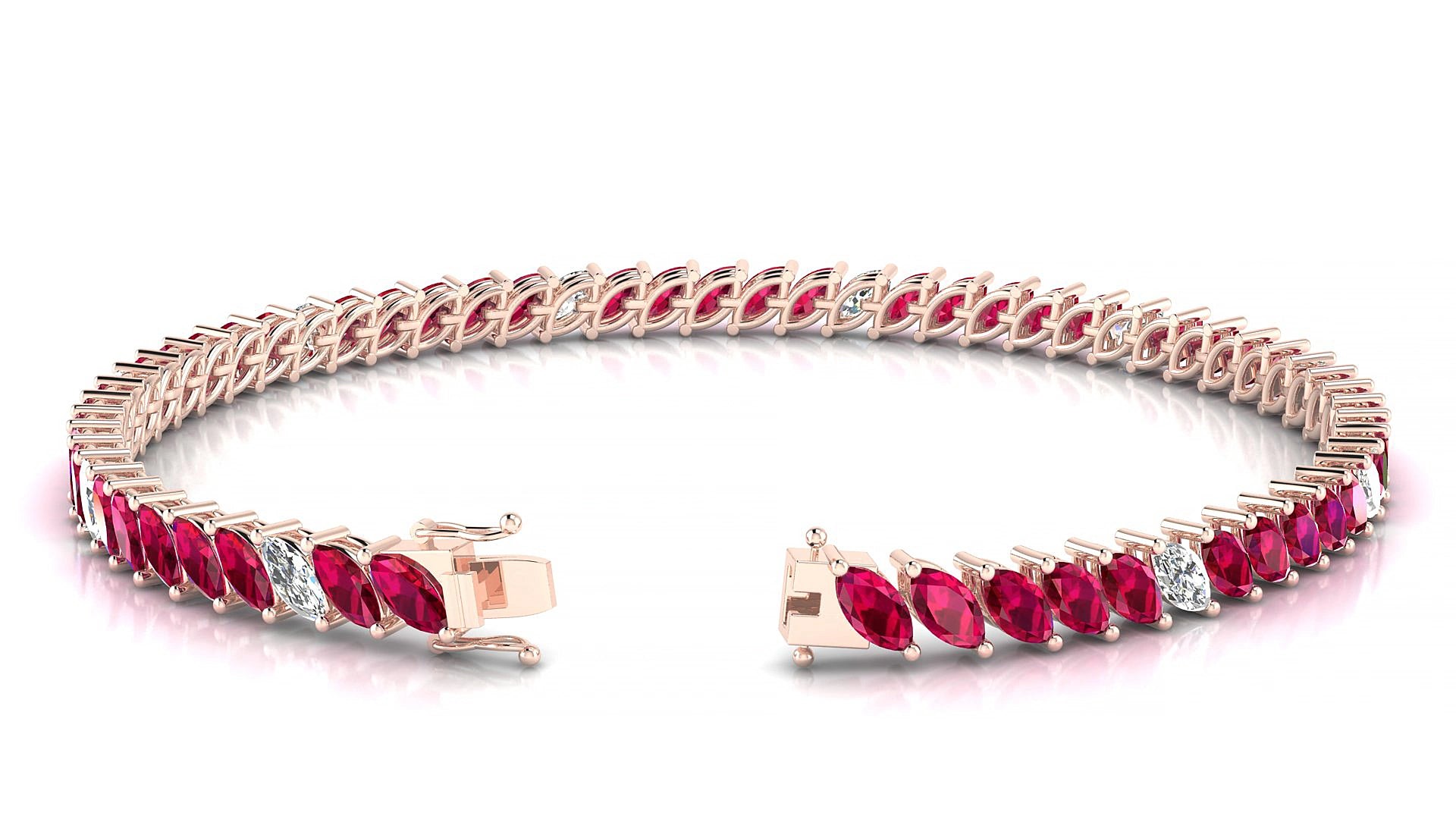 Venezia 5-1 | 18k Rose Gold 5 x 2.5 mm Marquise Natural Ruby & Diamond 16 cm Tennis Bracelet