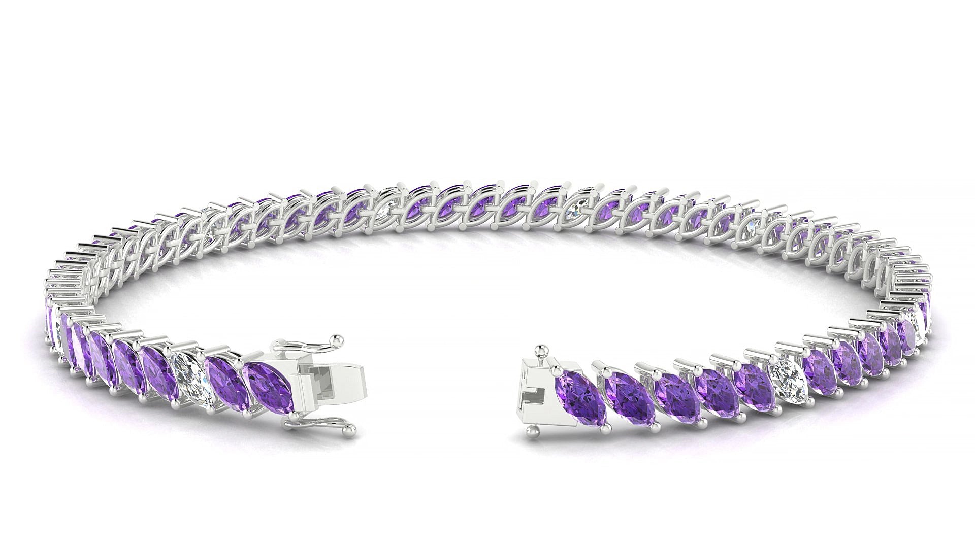 Venezia 5-1 | 18k White Gold 5 x 2.5 mm Marquise Natural Amethyst & Diamond 15 cm Tennis Bracelet
