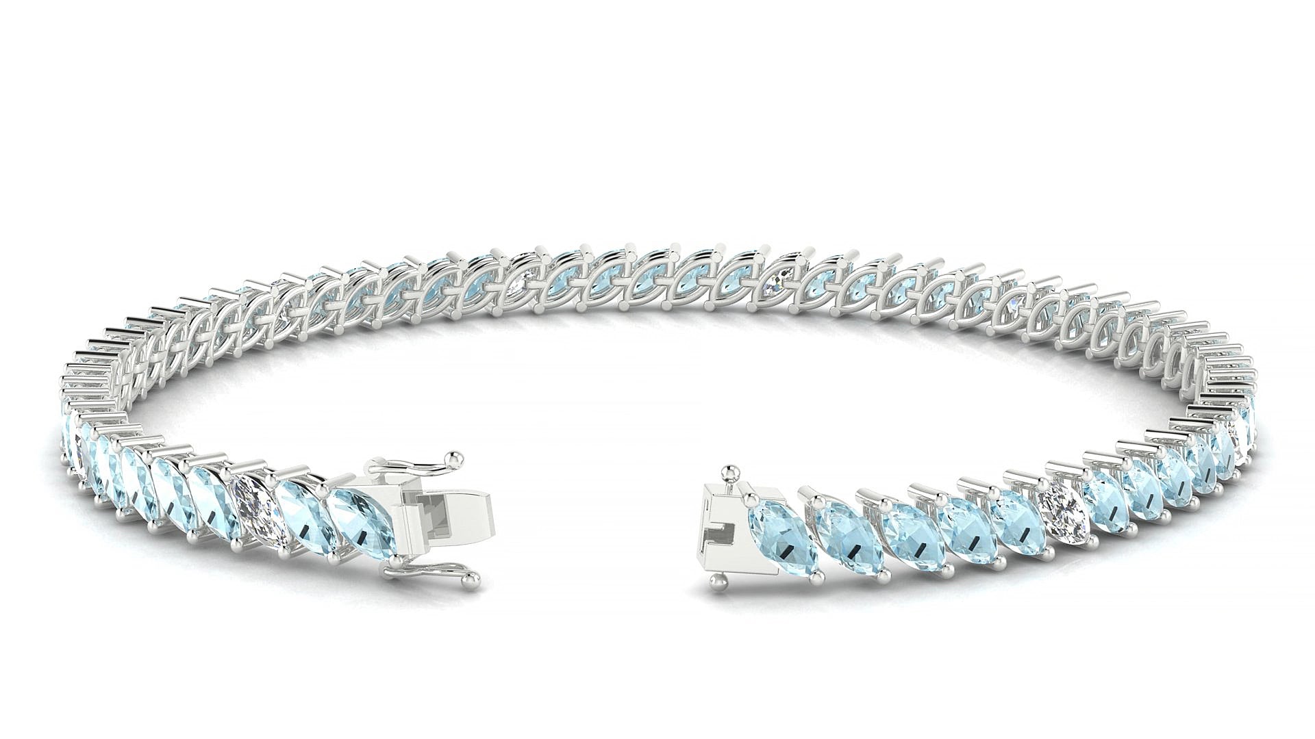 Venezia 5-1 | 18k White Gold 5 x 2.5 mm Marquise Natural Aquamarine & Diamond 19 cm Tennis Bracelet