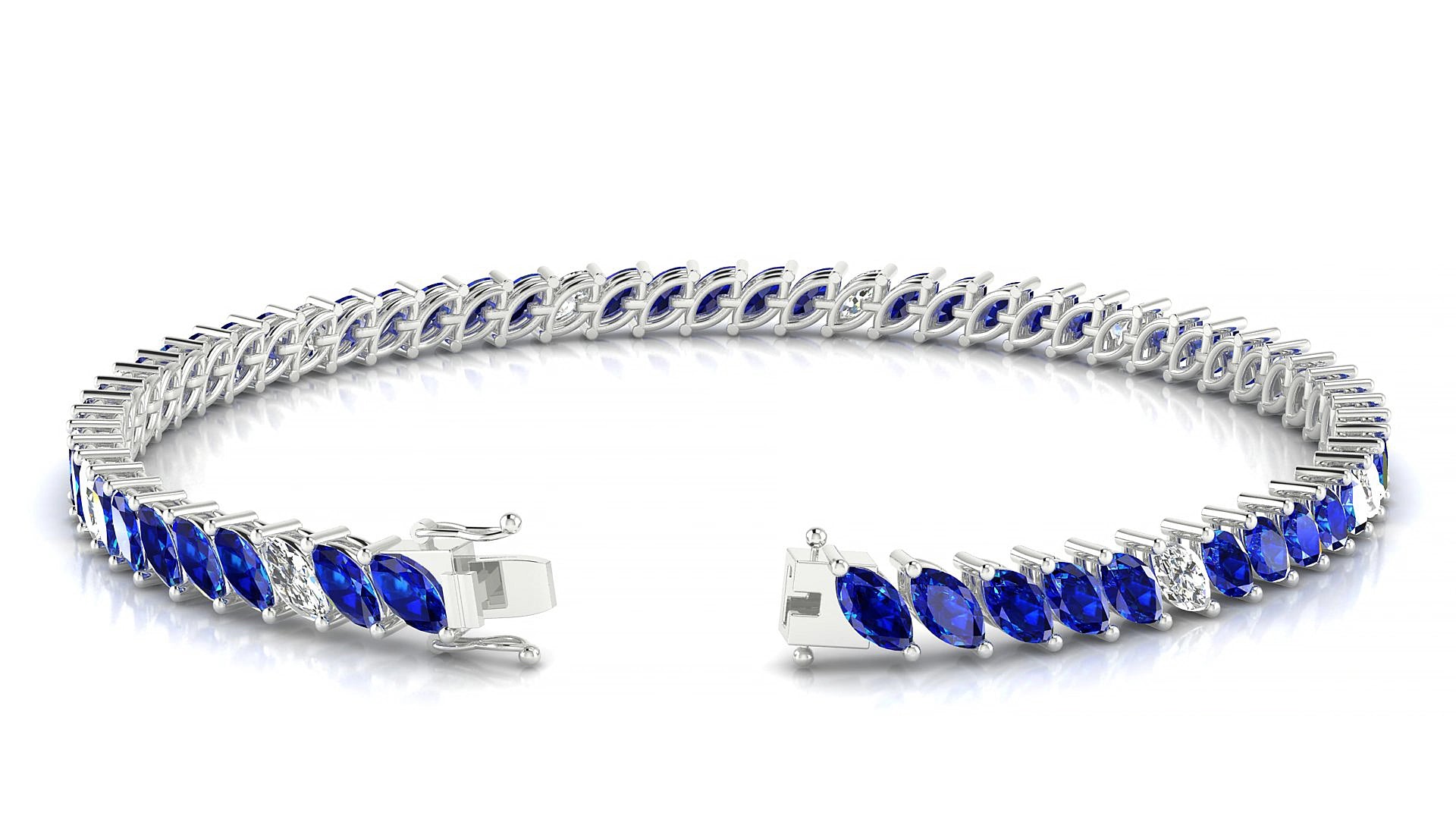 Venezia 5-1 | 18k White Gold 5 x 2.5 mm Marquise Natural Sapphire & Diamond 19 cm Tennis Bracelet