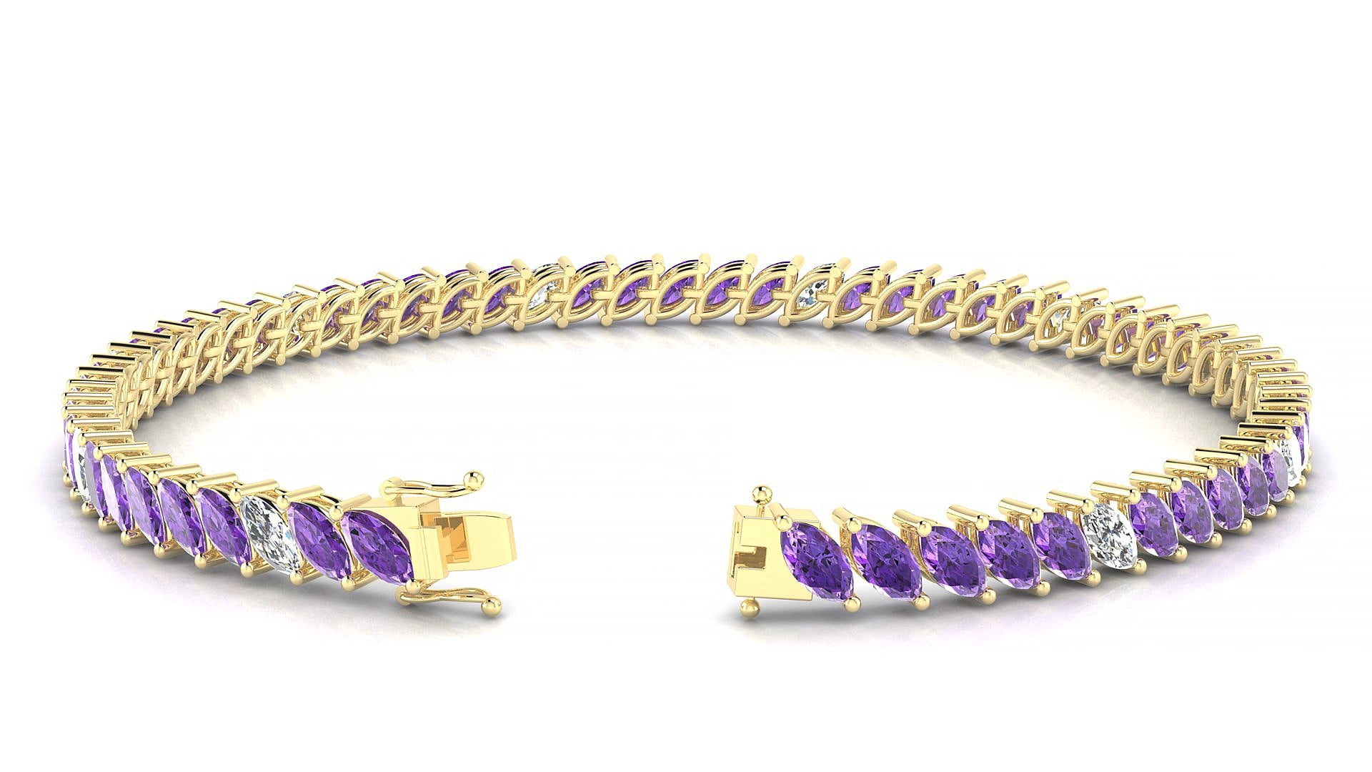 Venezia 5-1 | 18k Yellow Gold 5 x 2.5 mm Marquise Natural Amethyst & Diamond 15 cm Tennis Bracelet