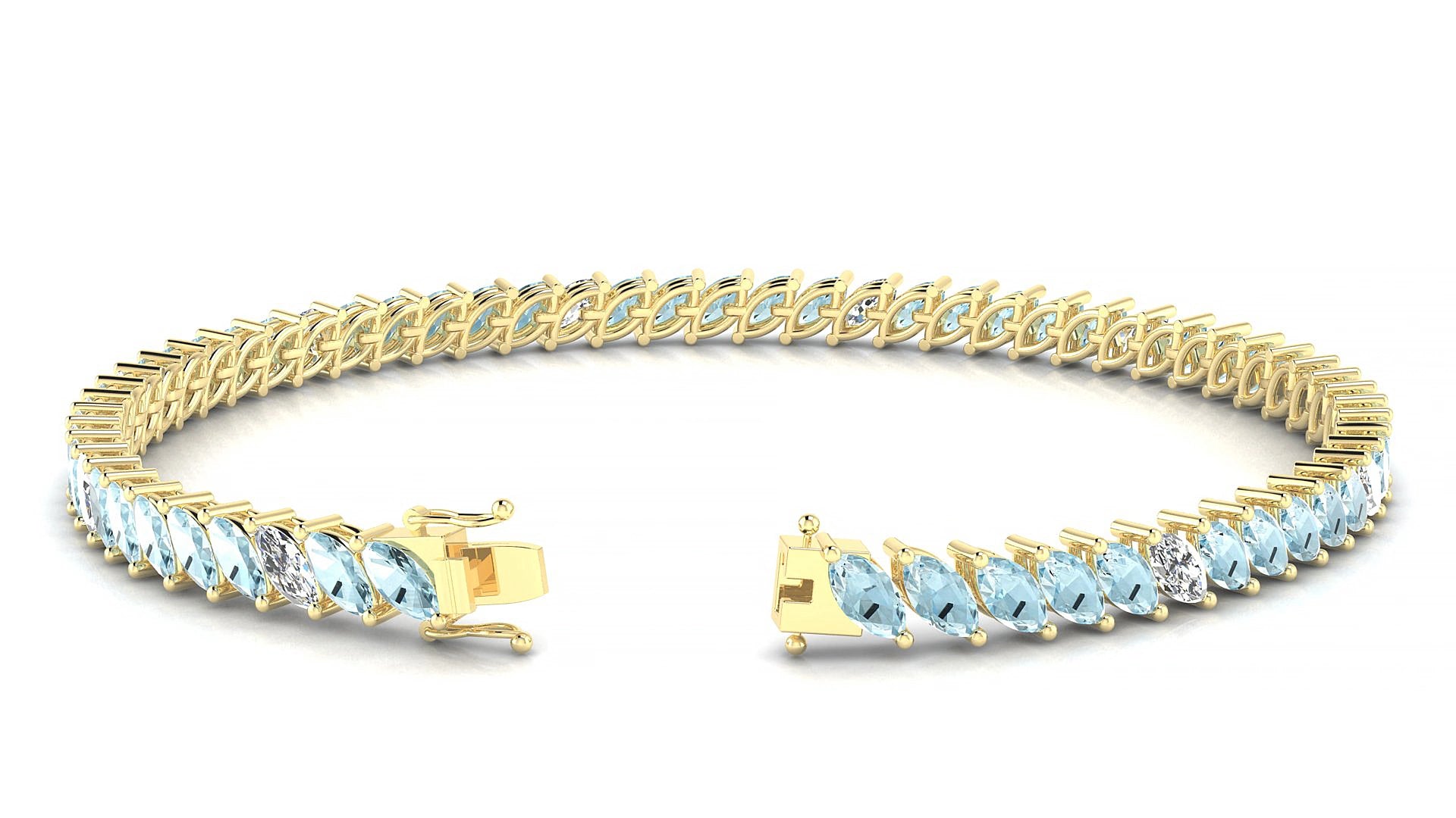 Venezia 5-1 | 18k Yellow Gold 5 x 2.5 mm Marquise Natural Aquamarine & Diamond 16 cm Tennis Bracelet