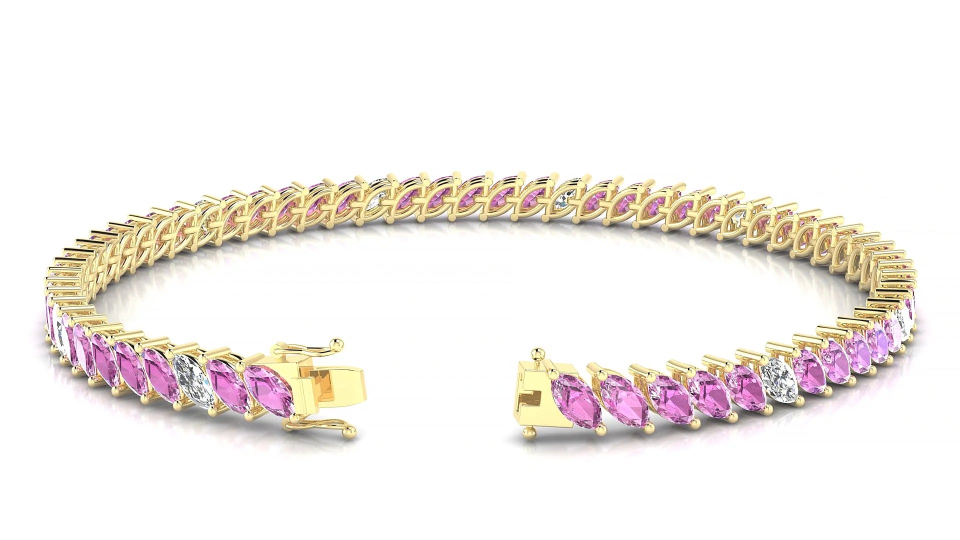 Venezia 5-1 | 18k Yellow Gold 5 x 2.5 mm Marquise Natural Pink Sapphire & Diamond 18 cm Tennis Bracelet