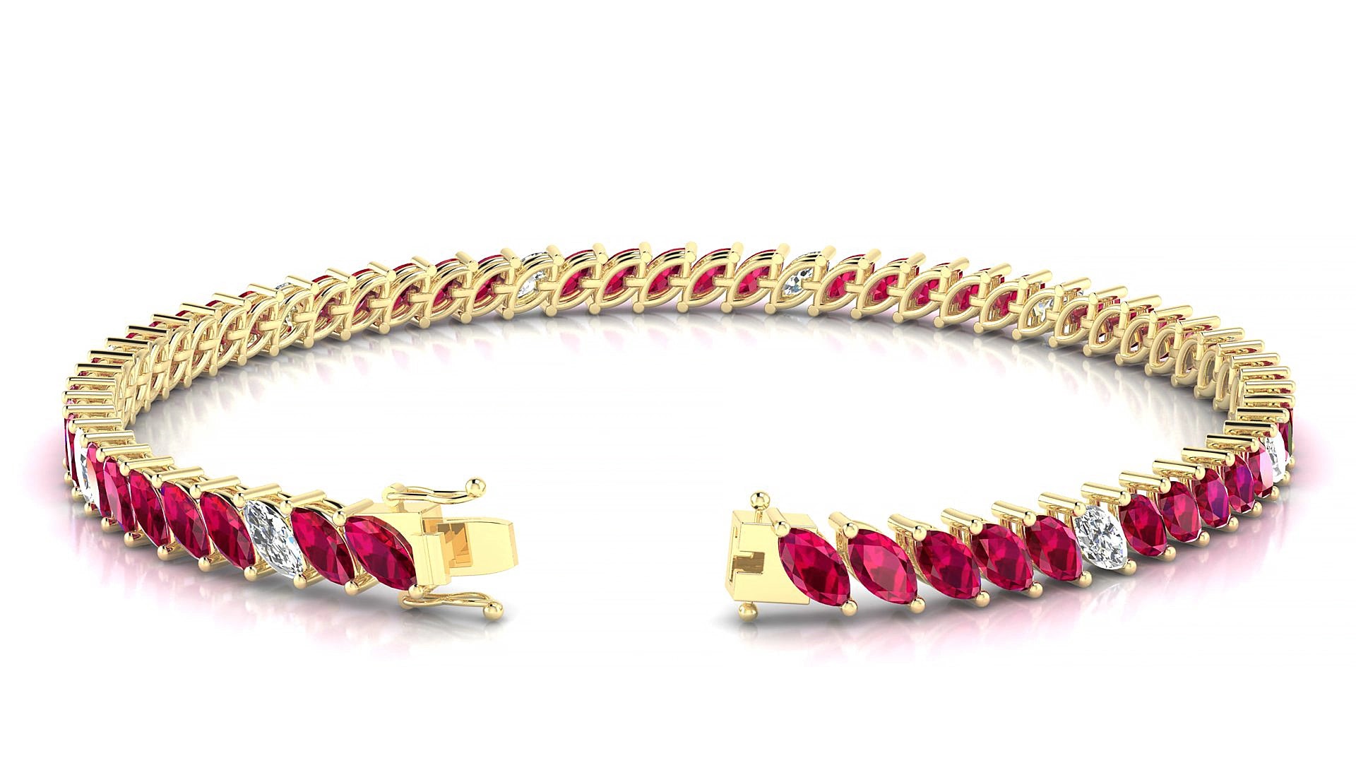 Venezia 5-1 | 18k Yellow Gold 5 x 2.5 mm Marquise Natural Ruby & Diamond 16 cm Tennis Bracelet