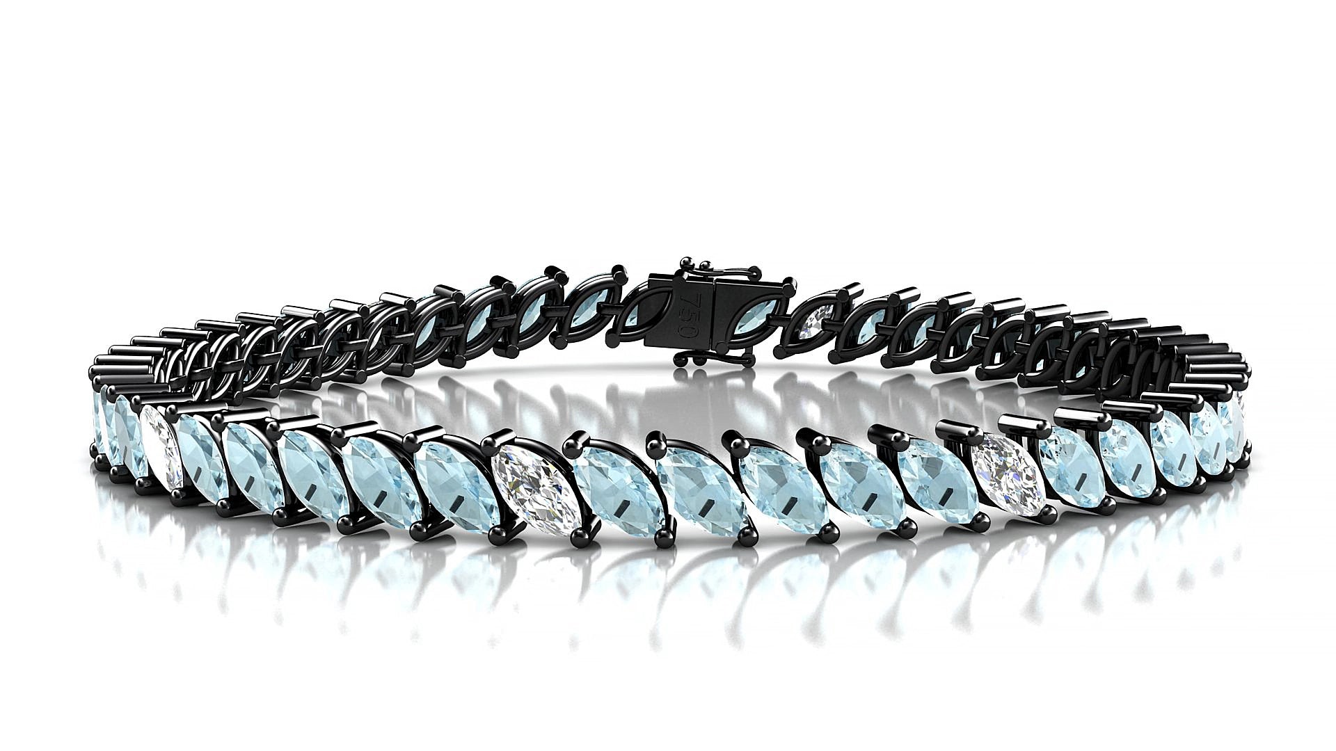 Venezia 5-1 | 18k Black Gold 6 x 3 mm Marquise Natural Aquamarine & Diamond 17 cm Tennis Bracelet