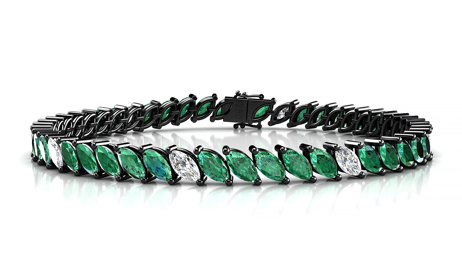 Venezia 5-1 | 18k Black Gold 6 x 3 mm Marquise Natural Emerald & Diamond 15 cm Tennis Bracelet