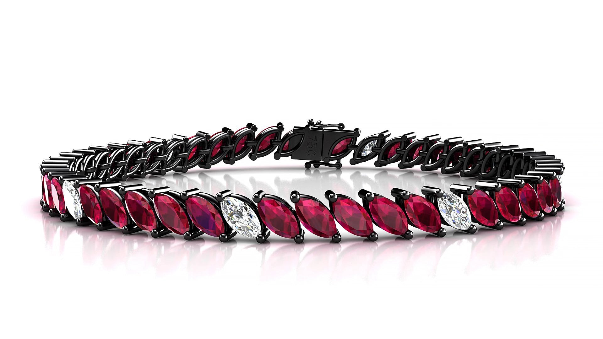 Venezia 5-1 | 18k Black Gold 6 x 3 mm Marquise Natural Ruby & Diamond 15 cm Tennis Bracelet