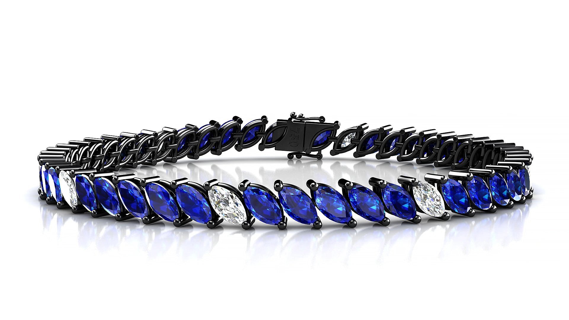Venezia 5-1 | 18k Black Gold 6 x 3 mm Marquise Natural Sapphire & Diamond 19 cm Tennis Bracelet