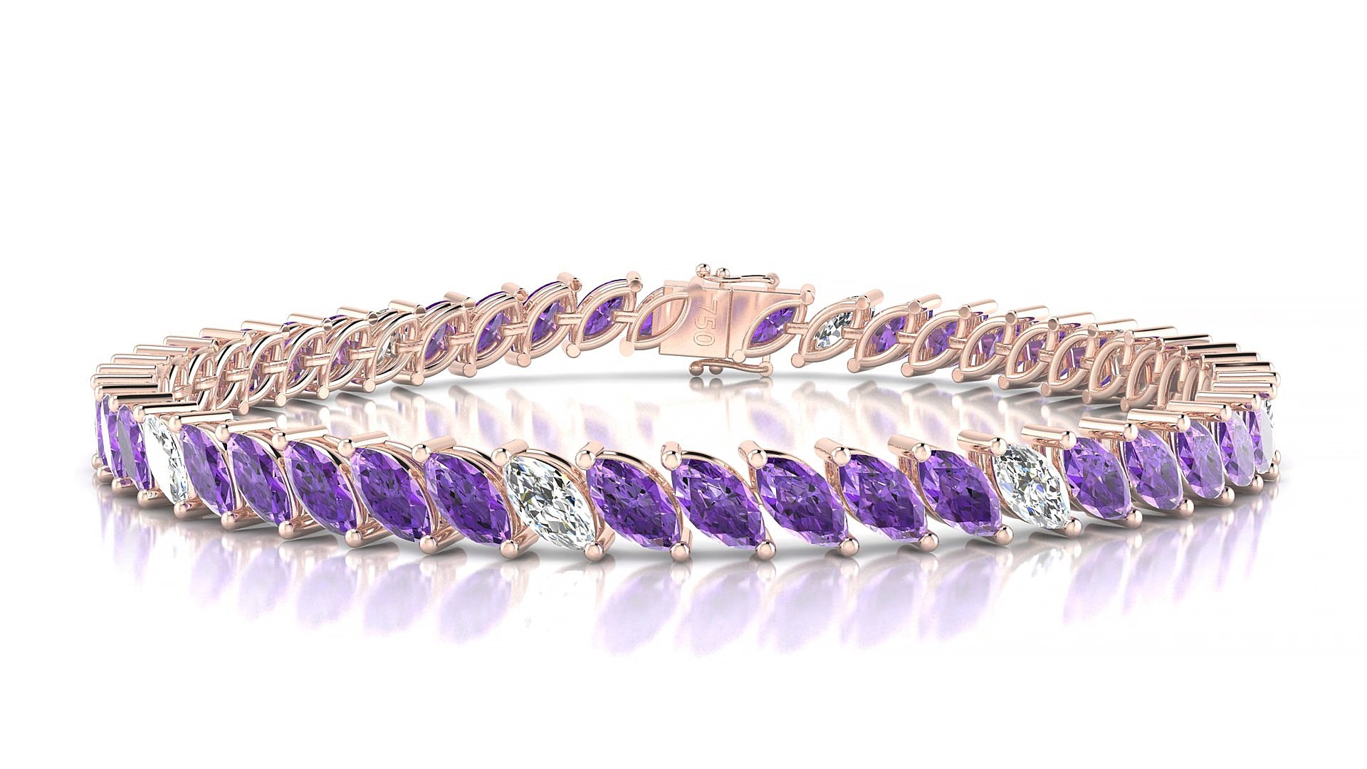 Venezia 5-1 | 18k Rose Gold 6 x 3 mm Marquise Natural Amethyst & Diamond 17 cm Tennis Bracelet