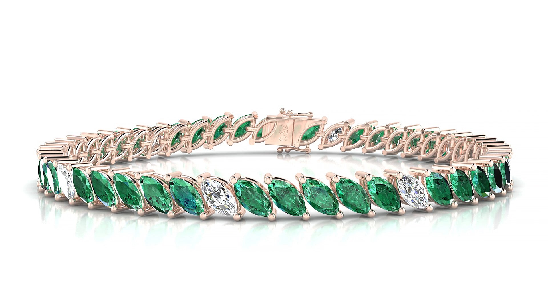 Venezia 5-1 | 18k Rose Gold 6 x 3 mm Marquise Natural Emerald & Diamond 15 cm Tennis Bracelet