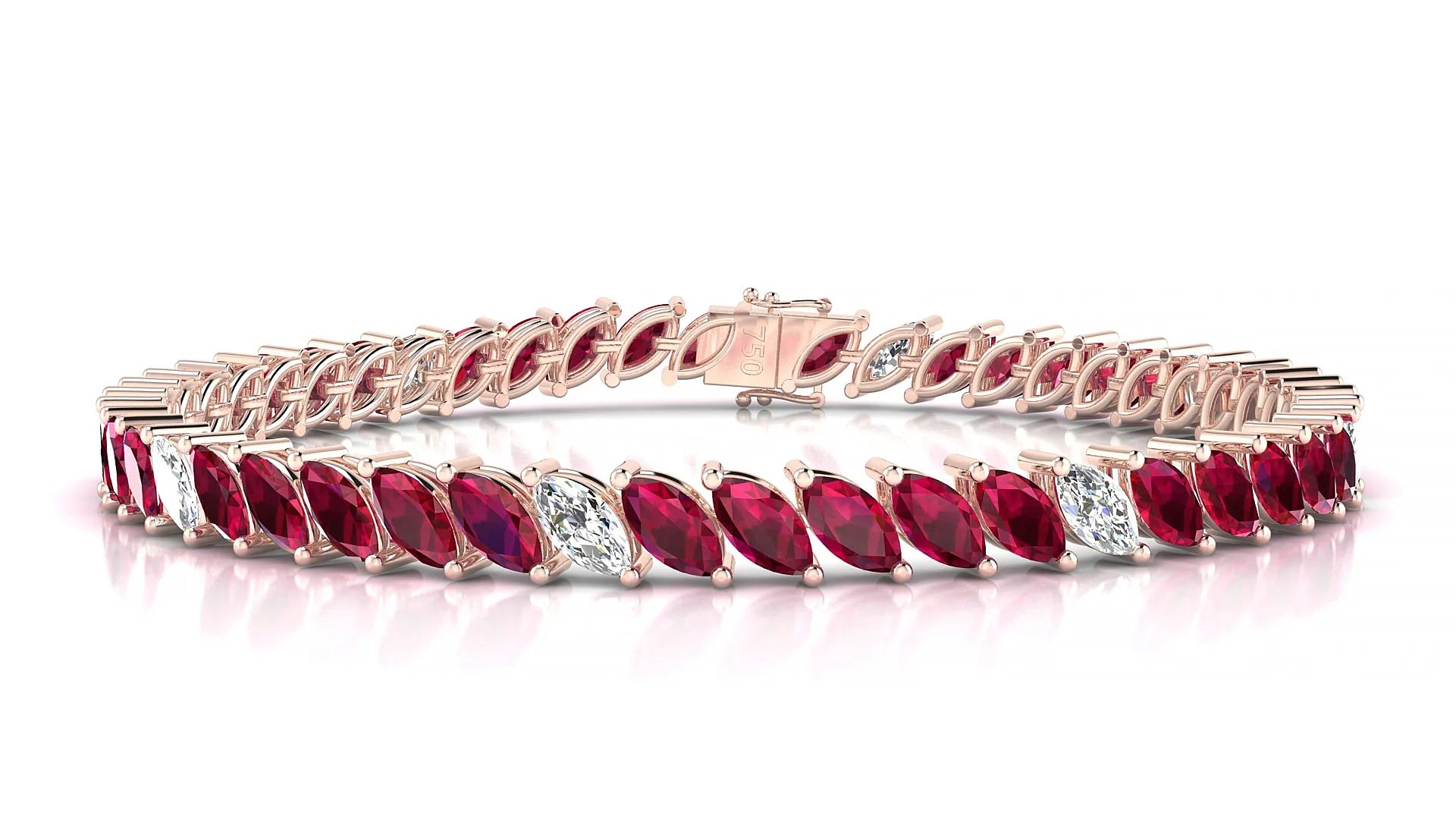 Venezia 5-1 | 18k Rose Gold 6 x 3 mm Marquise Natural Ruby & Diamond 18 cm Tennis Bracelet
