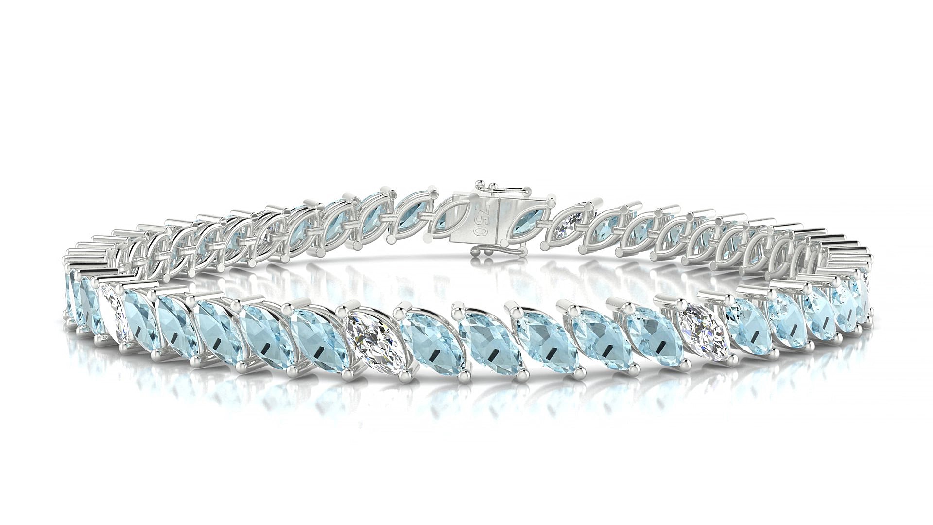 Venezia 5-1 | 18k White Gold 6 x 3 mm Marquise Natural Aquamarine & Diamond 20 cm Tennis Bracelet