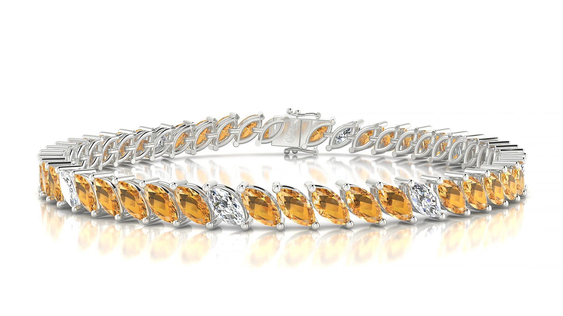 Venezia 5-1 | 18k White Gold 6 x 3 mm Marquise Natural Citrine & Diamond 17 cm Tennis Bracelet