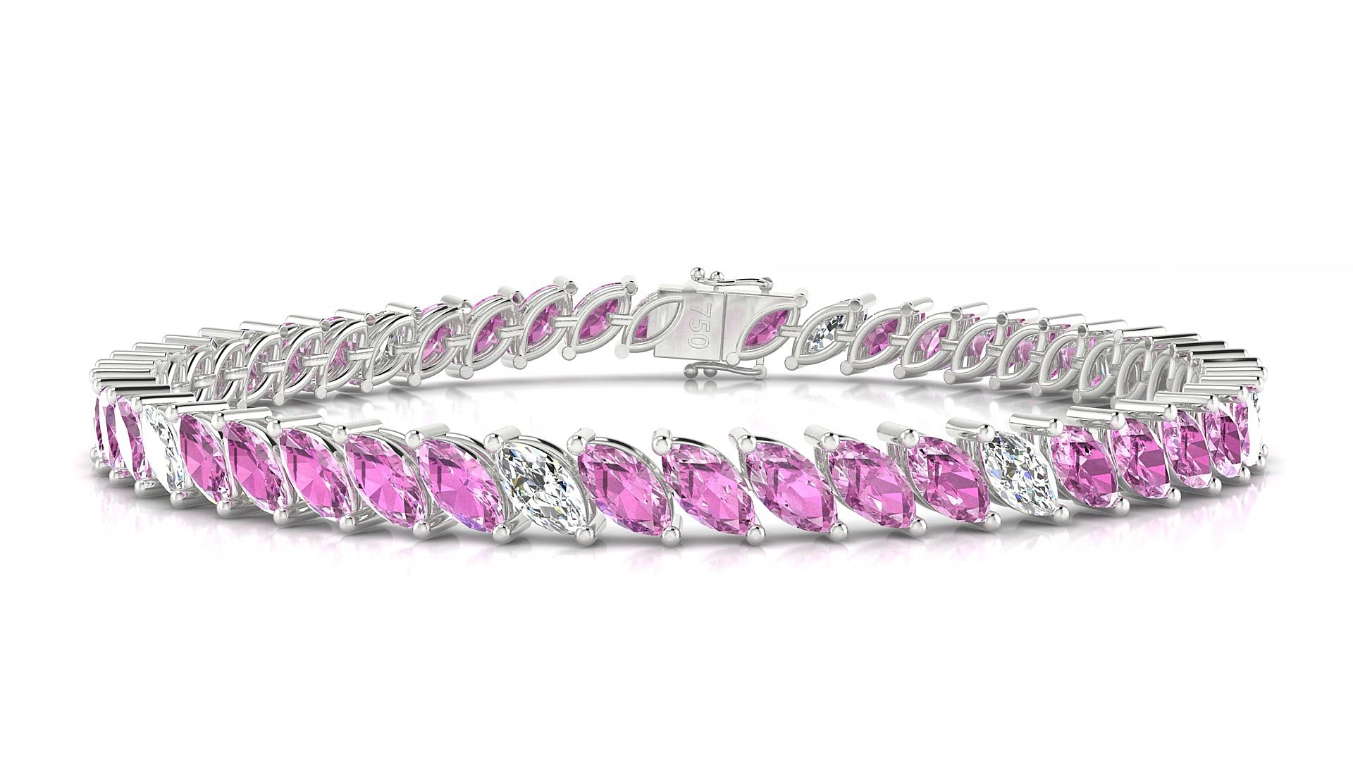 Venezia 5-1 | 18k White Gold 6 x 3 mm Marquise Natural Pink Sapphire & Diamond 17 cm Tennis Bracelet