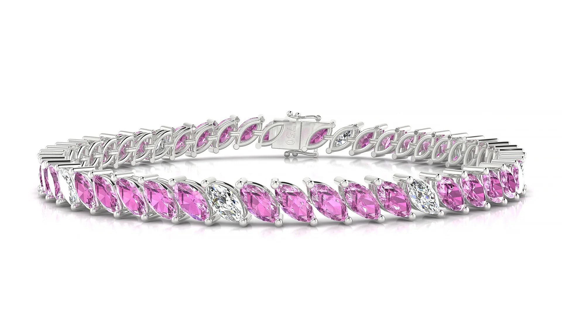 Venezia 5-1 | 18k White Gold 6 x 3 mm Marquise Natural Pink Sapphire & Diamond 18 cm Tennis Bracelet