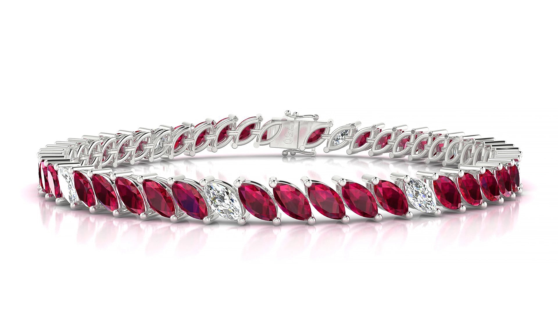 Venezia 5-1 | 18k White Gold 6 x 3 mm Marquise Natural Ruby & Diamond 15 cm Tennis Bracelet