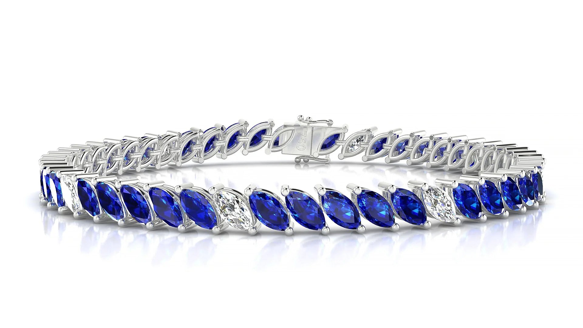 Venezia 5-1 | 18k White Gold 6 x 3 mm Marquise Natural Sapphire & Diamond 18 cm Tennis Bracelet