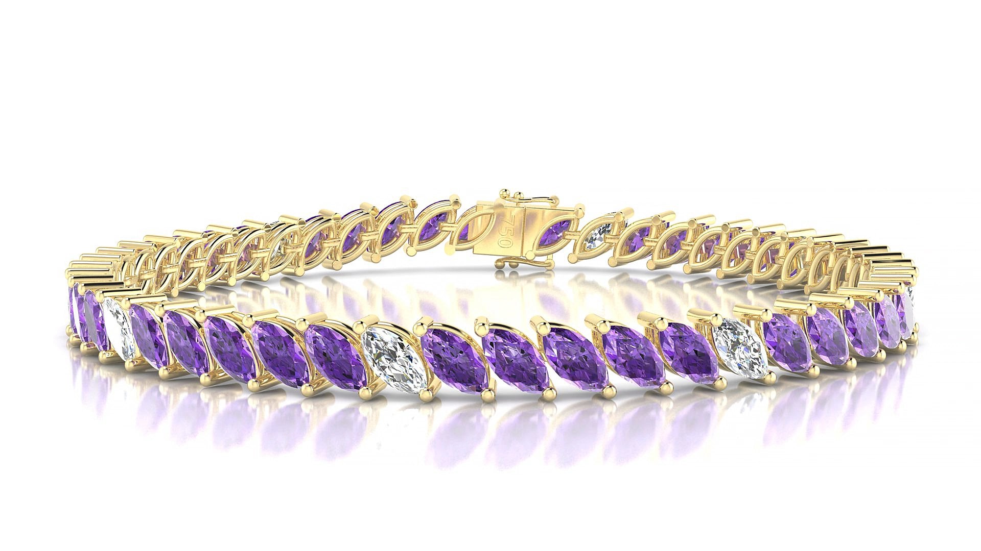 Venezia 5-1 | 18k Yellow Gold 6 x 3 mm Marquise Natural Amethyst & Diamond 15 cm Tennis Bracelet