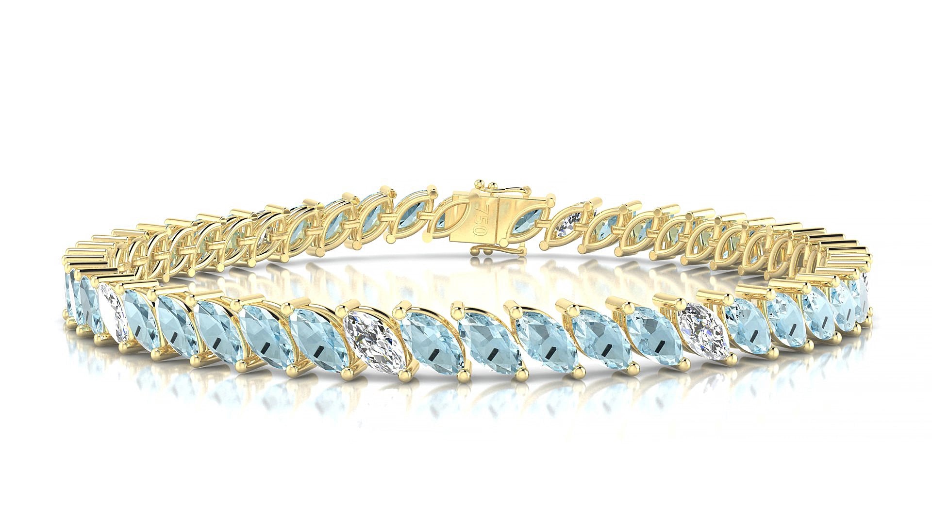 Venezia 5-1 | 18k Yellow Gold 6 x 3 mm Marquise Natural Aquamarine & Diamond 16 cm Tennis Bracelet