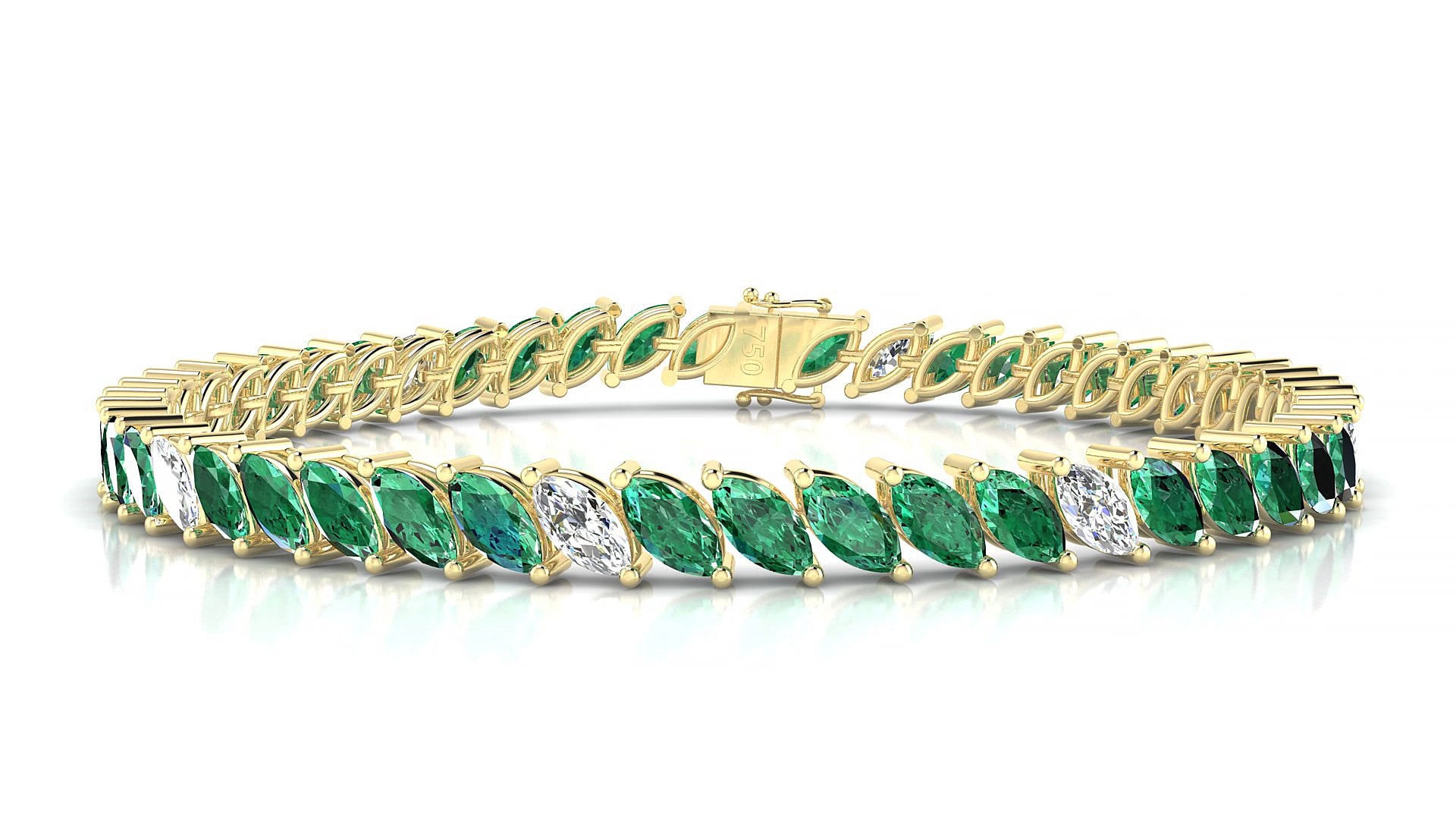 Venezia 5-1 | 18k Yellow Gold 6 x 3 mm Marquise Natural Emerald & Diamond 16 cm Tennis Bracelet
