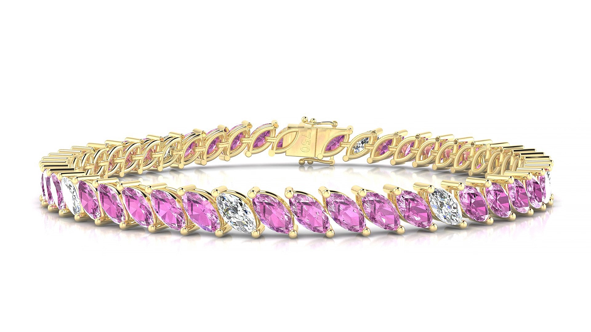 Venezia 5-1 | 18k Yellow Gold 6 x 3 mm Marquise Natural Pink Sapphire & Diamond 19 cm Tennis Bracelet