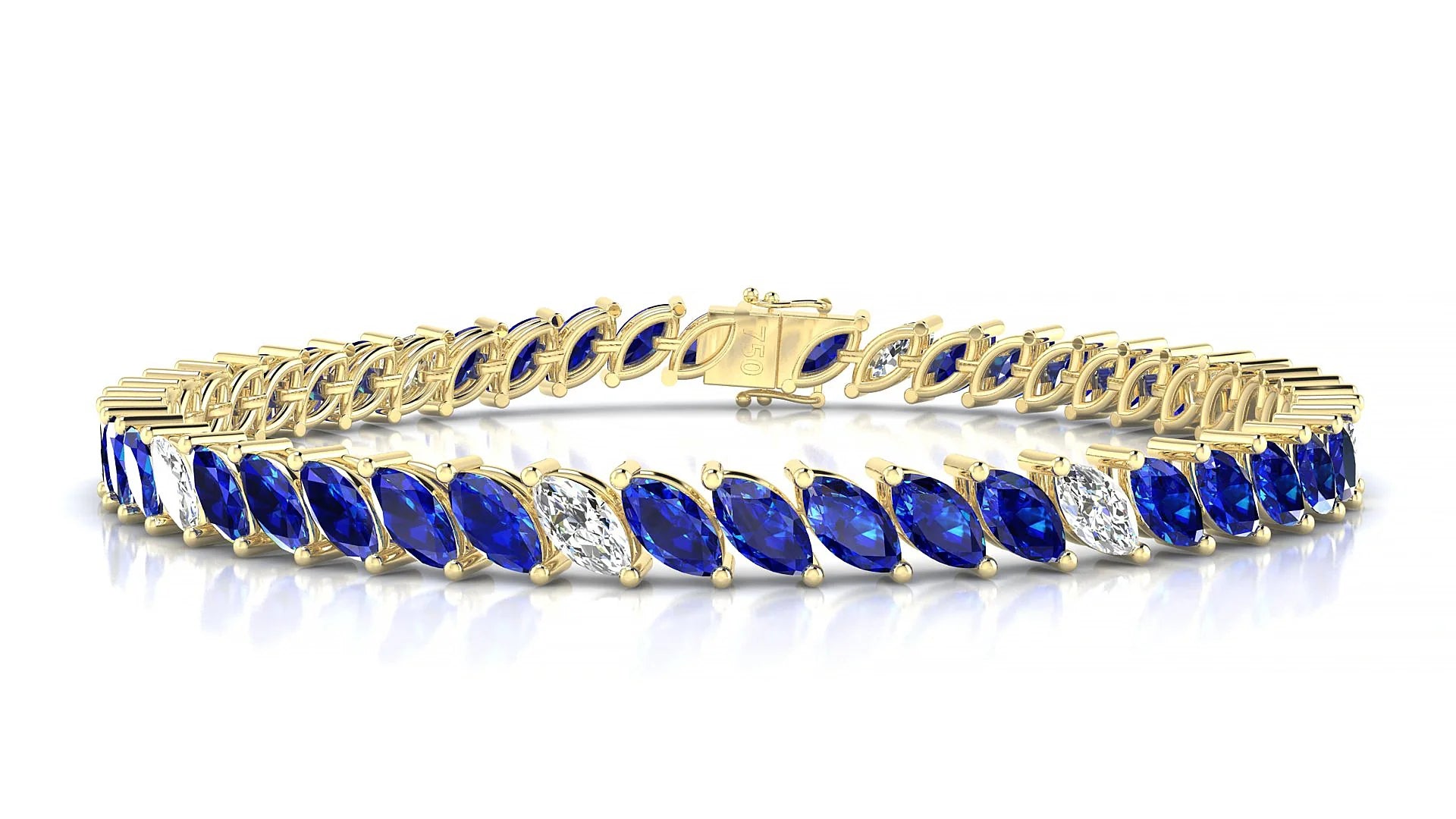 Venezia 5-1 | 18k Yellow Gold 6 x 3 mm Marquise Natural Sapphire & Diamond 18 cm Tennis Bracelet