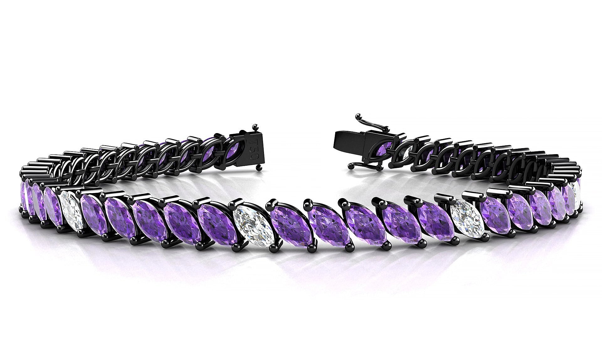 Venezia 5-1 | 18k Black Gold 6 x 3 mm Marquise Natural Amethyst & Diamond 18 cm Tennis Bracelet