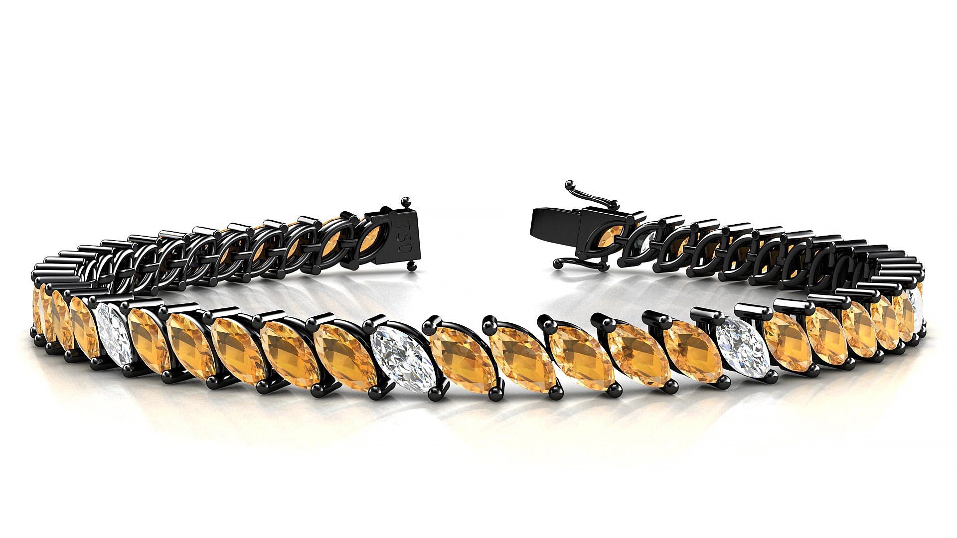 Venezia 5-1 | 18k Black Gold 6 x 3 mm Marquise Natural Citrine & Diamond 15 cm Tennis Bracelet