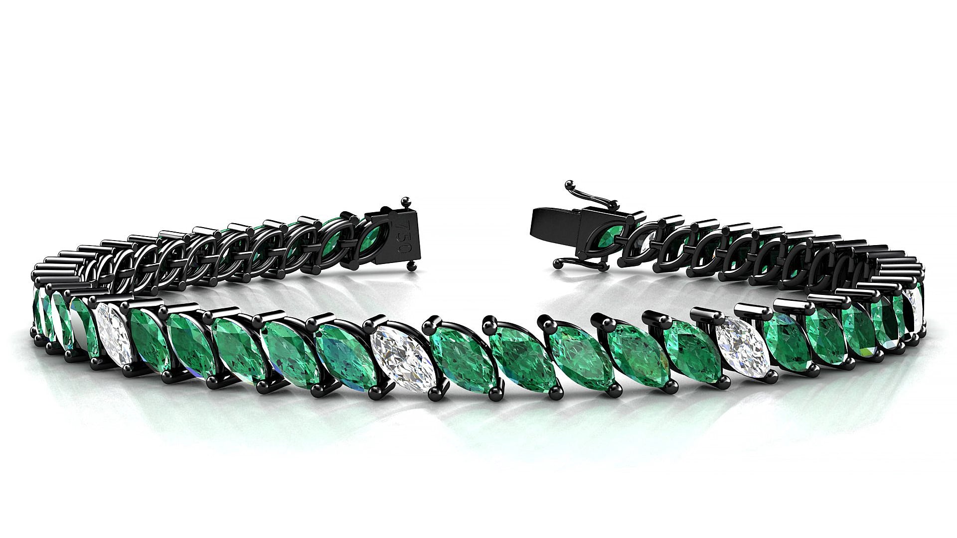 Venezia 5-1 | 18k Black Gold 6 x 3 mm Marquise Natural Emerald & Diamond 15 cm Tennis Bracelet
