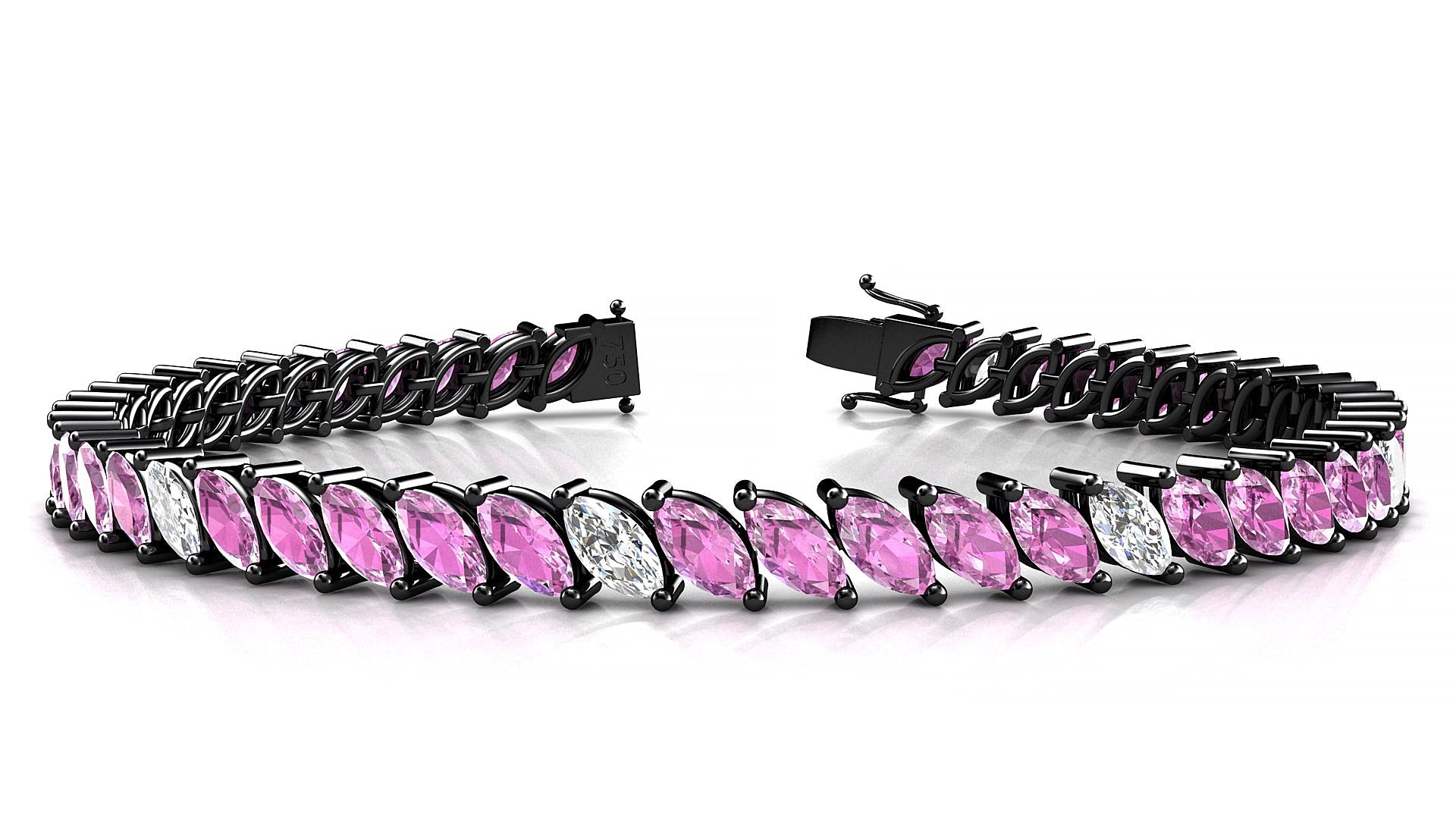 Venezia 5-1 | 18k Black Gold 6 x 3 mm Marquise Natural Pink Sapphire & Diamond 16 cm Tennis Bracelet