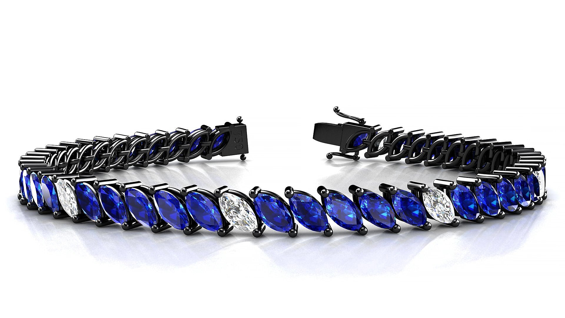 Venezia 5-1 | 18k Black Gold 6 x 3 mm Marquise Natural Sapphire & Diamond 15 cm Tennis Bracelet