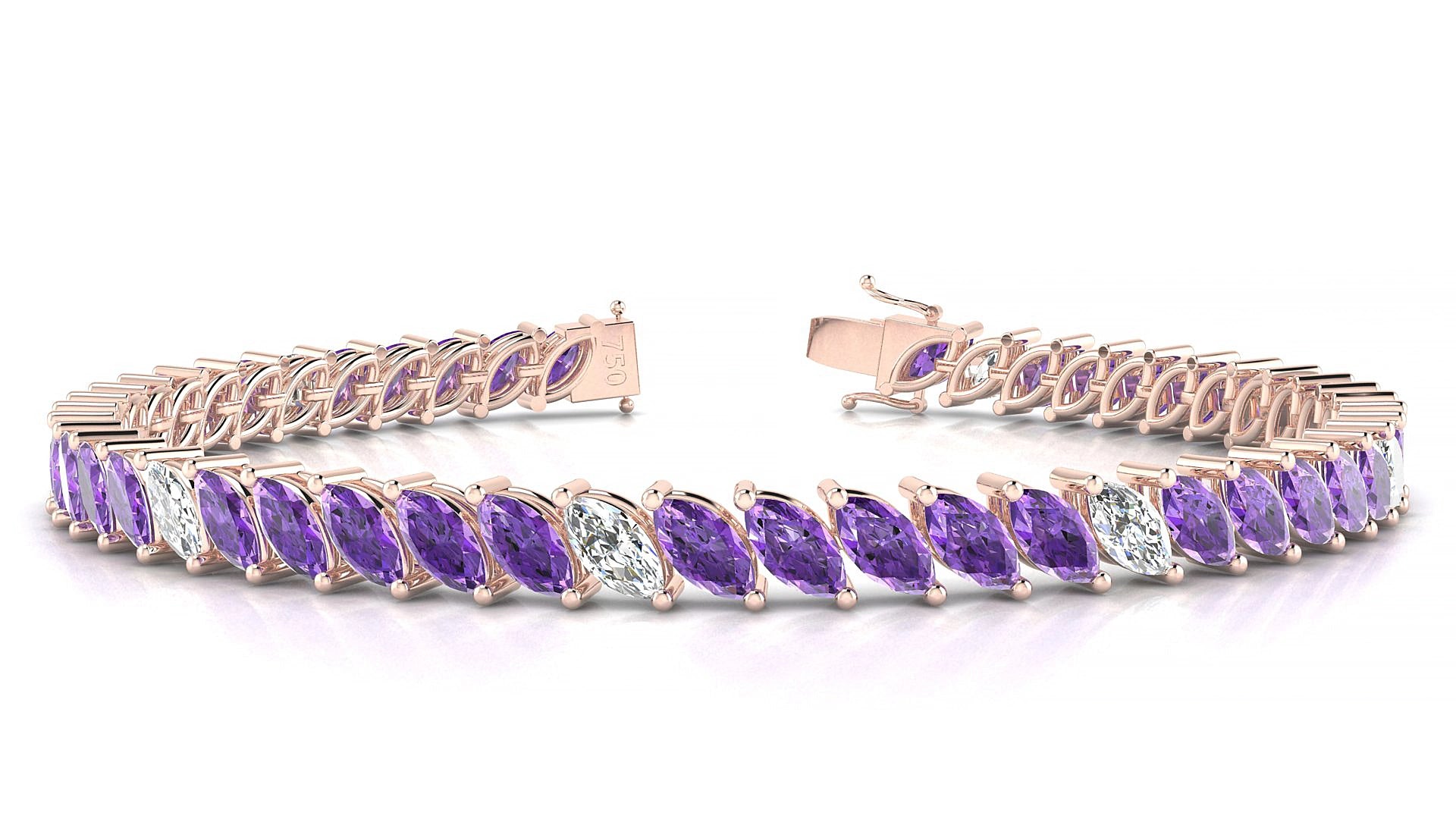 Venezia 5-1 | 18k Rose Gold 6 x 3 mm Marquise Natural Amethyst & Diamond 15 cm Tennis Bracelet