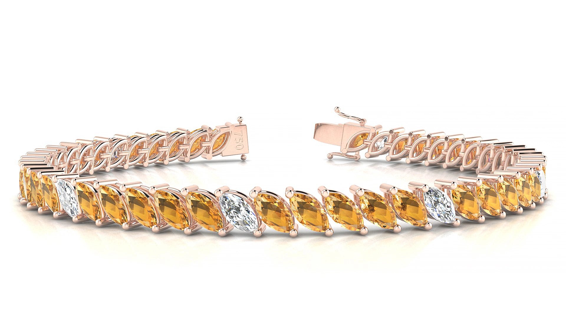 Venezia 5-1 | 18k Rose Gold 6 x 3 mm Marquise Natural Citrine & Diamond 15 cm Tennis Bracelet
