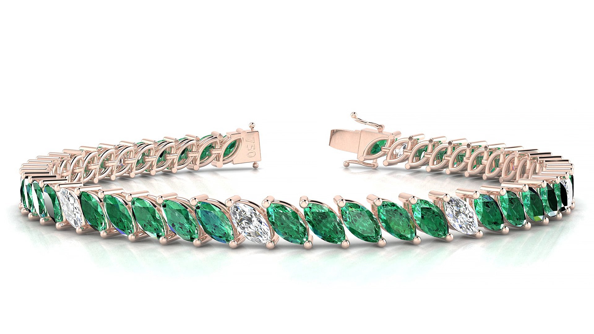 Venezia 5-1 | 18k Rose Gold 6 x 3 mm Marquise Natural Emerald & Diamond 15 cm Tennis Bracelet
