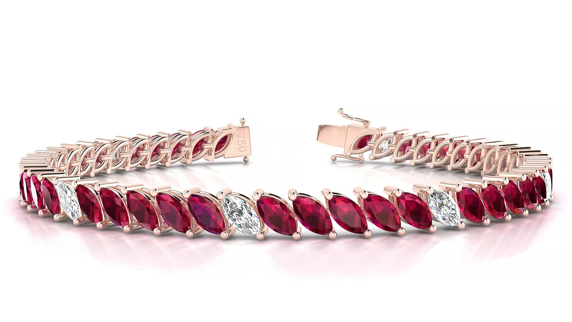 Venezia 5-1 | 18k Rose Gold 6 x 3 mm Marquise Natural Ruby & Diamond 18 cm Tennis Bracelet