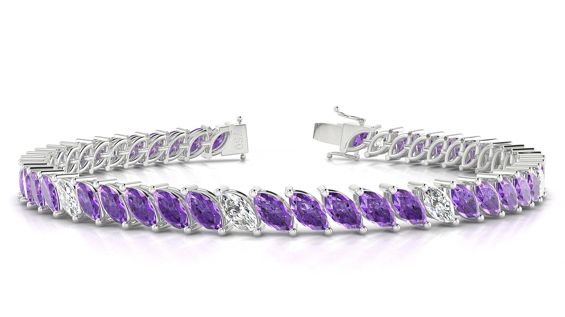Venezia 5-1 | 18k White Gold 6 x 3 mm Marquise Natural Amethyst & Diamond 15 cm Tennis Bracelet