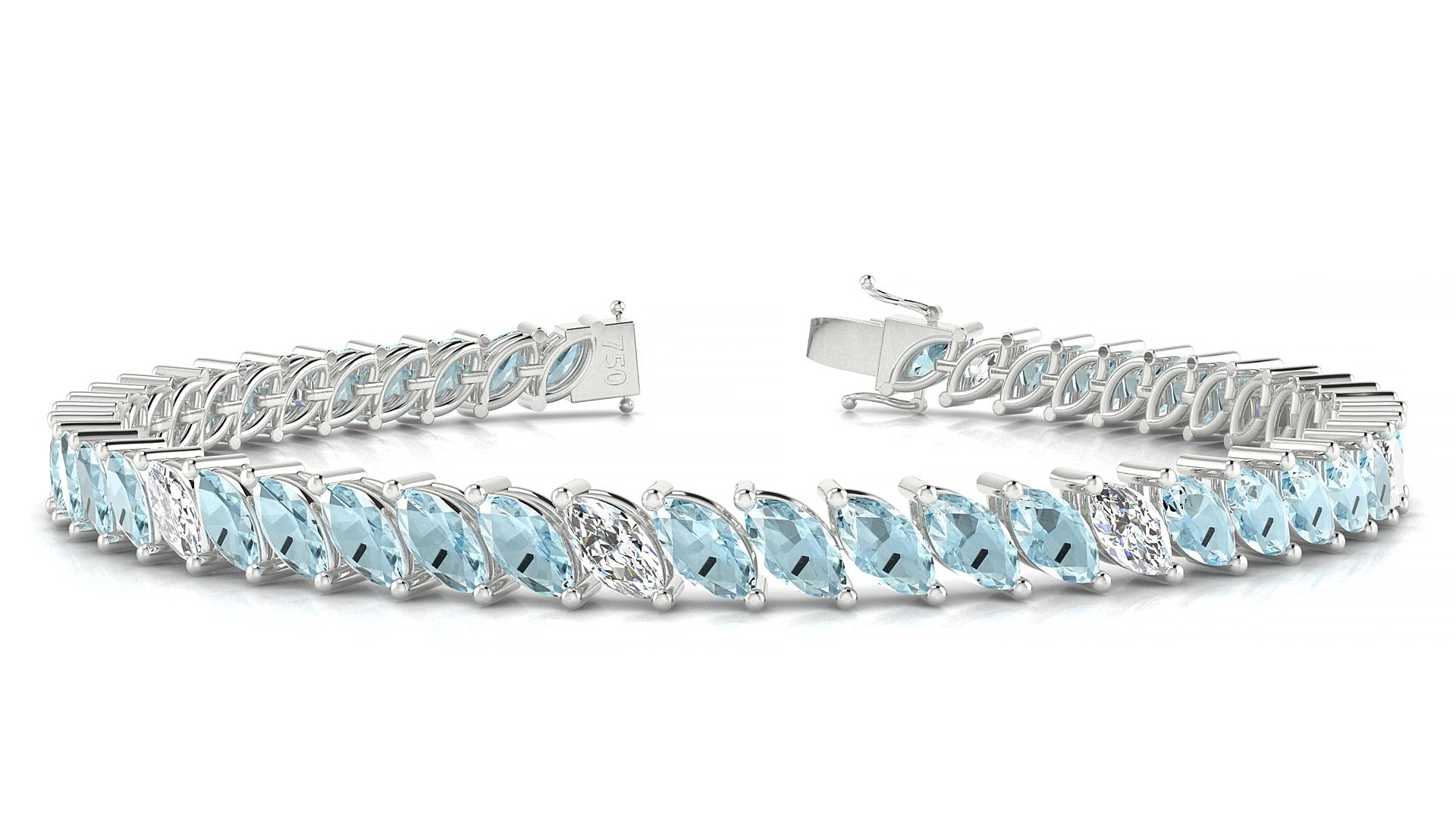 Venezia 5-1 | 18k White Gold 6 x 3 mm Marquise Natural Aquamarine & Diamond 19 cm Tennis Bracelet