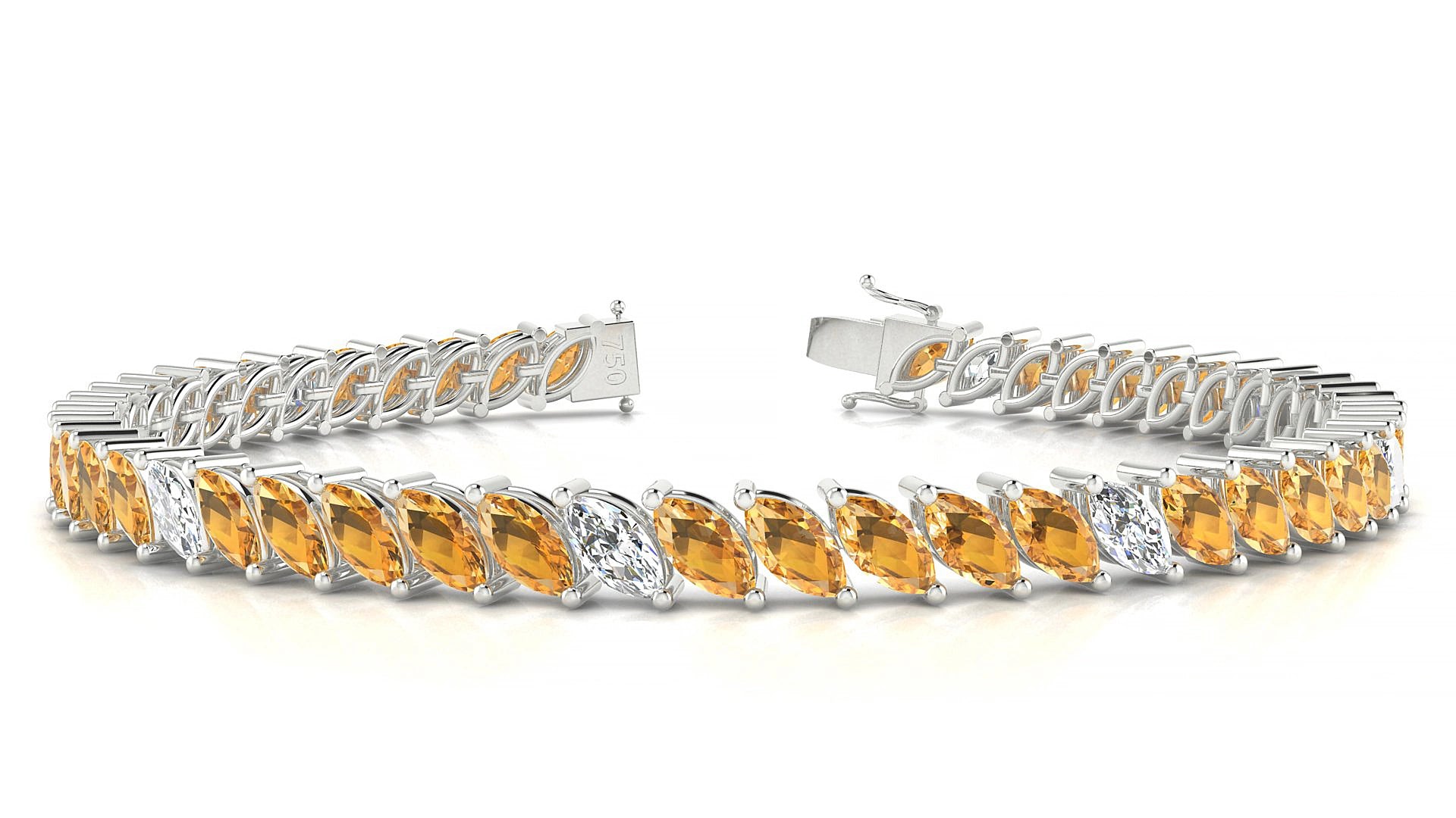 Venezia 5-1 | 18k White Gold 6 x 3 mm Marquise Natural Citrine & Diamond 17 cm Tennis Bracelet