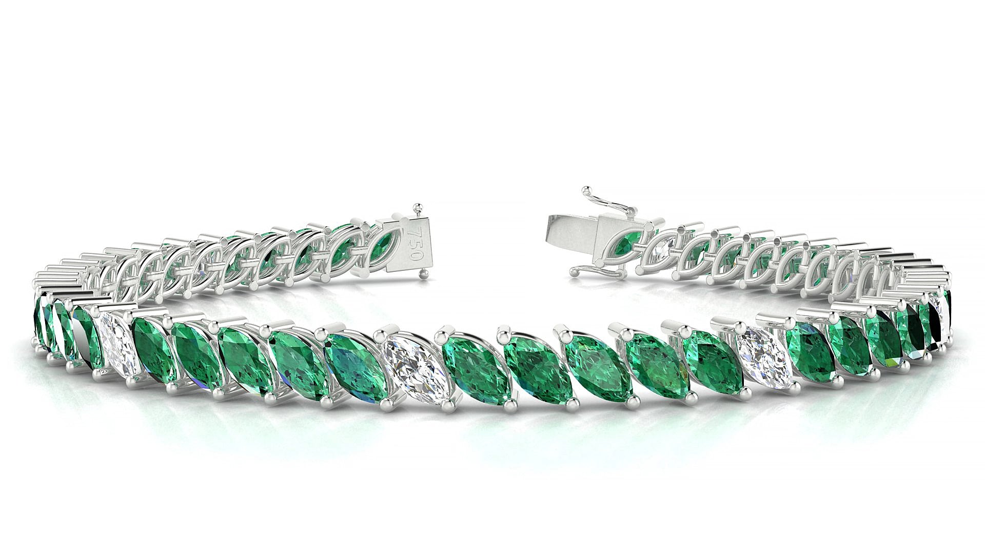 Venezia 5-1 | 18k White Gold 6 x 3 mm Marquise Natural Emerald & Diamond 15 cm Tennis Bracelet
