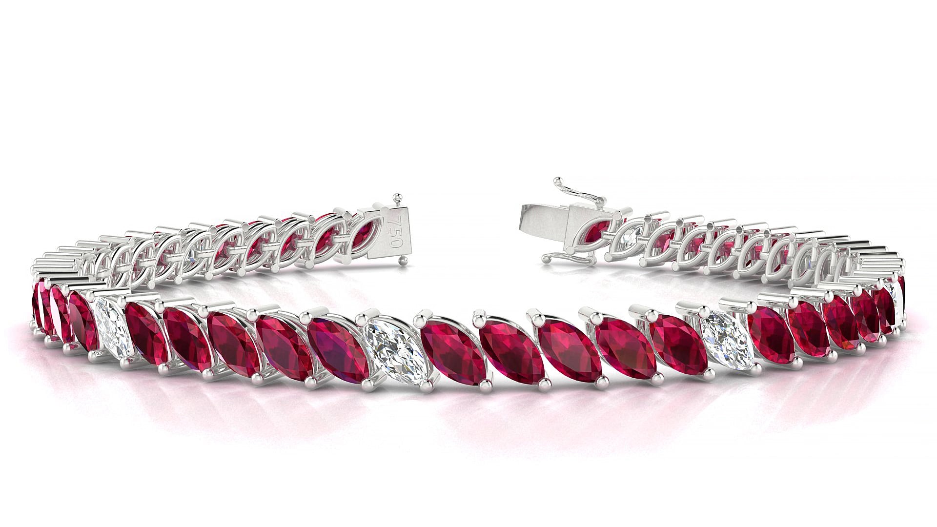 Venezia 5-1 | 18k White Gold 6 x 3 mm Marquise Natural Ruby & Diamond 19 cm Tennis Bracelet