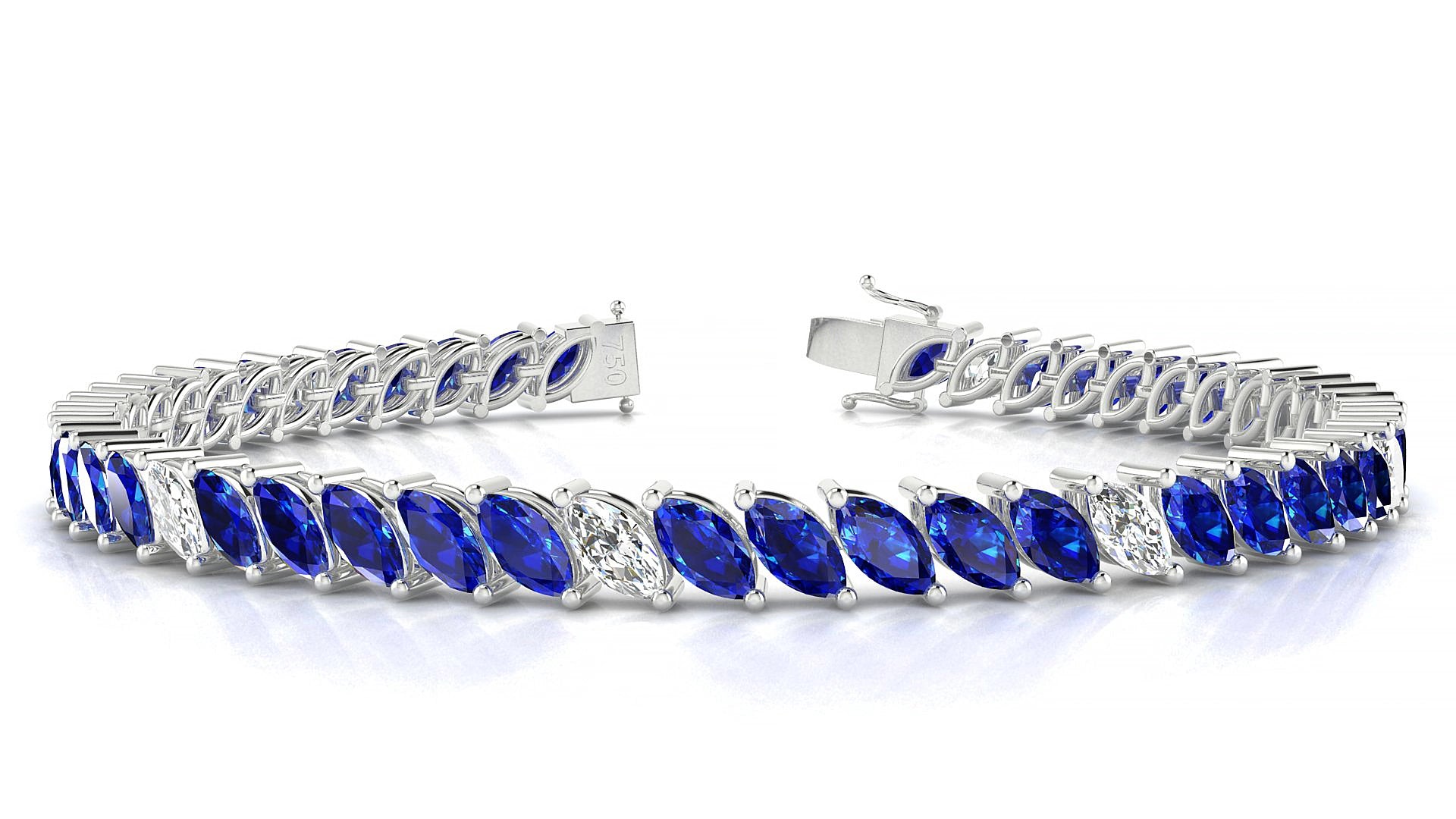 Venezia 5-1 | 18k White Gold 6 x 3 mm Marquise Natural Sapphire & Diamond 19 cm Tennis Bracelet