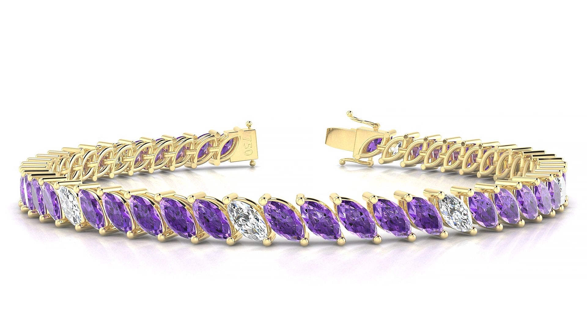 Venezia 5-1 | 18k Yellow Gold 6 x 3 mm Marquise Natural Amethyst & Diamond 18 cm Tennis Bracelet