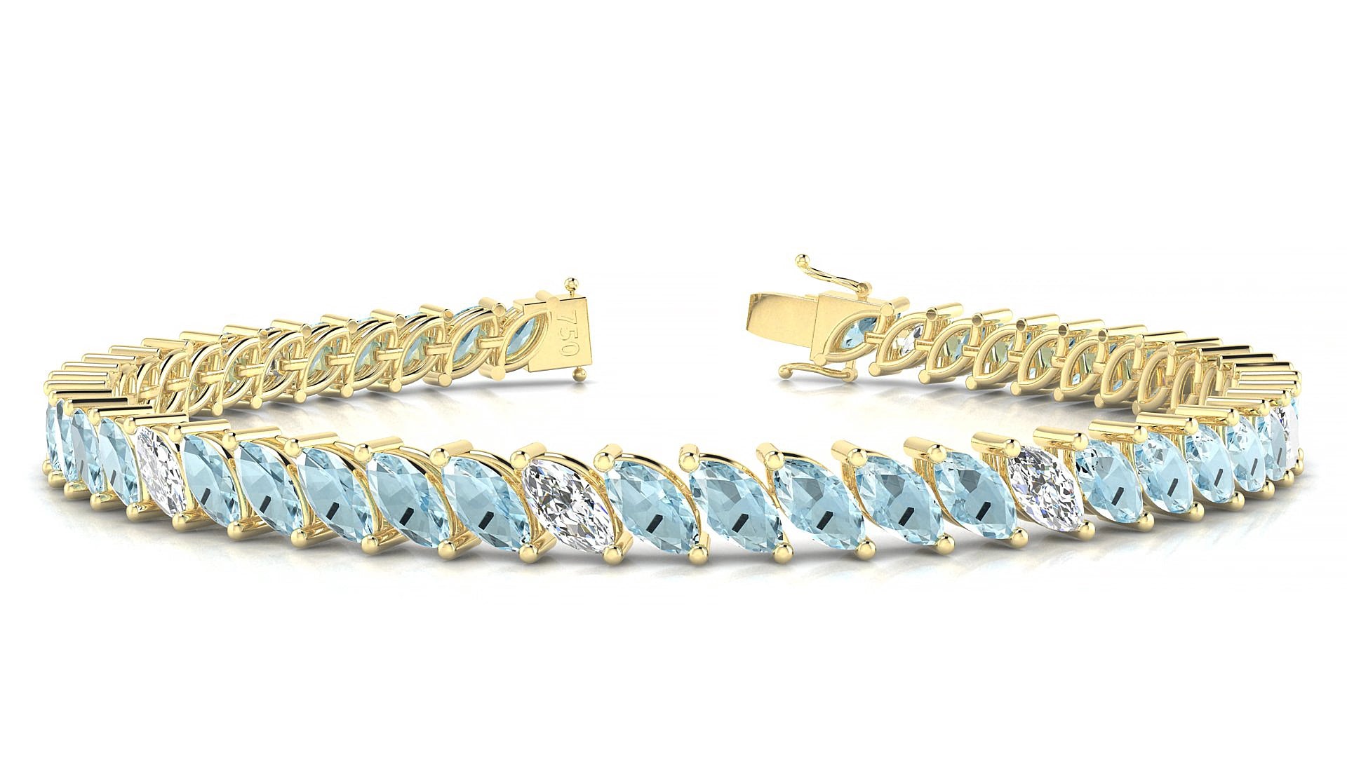 Venezia 5-1 | 18k Yellow Gold 6 x 3 mm Marquise Natural Aquamarine & Diamond 16 cm Tennis Bracelet