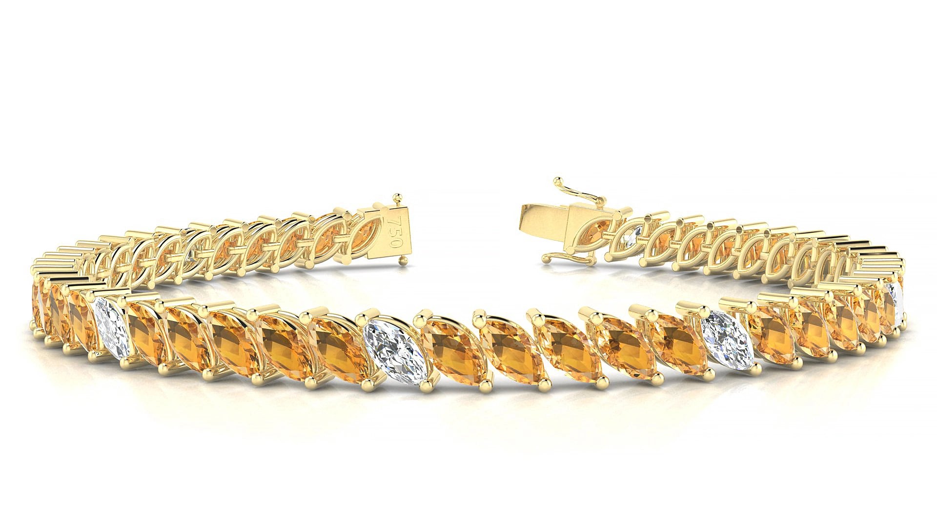 Venezia 5-1 | 18k Yellow Gold 6 x 3 mm Marquise Natural Citrine & Diamond 17 cm Tennis Bracelet
