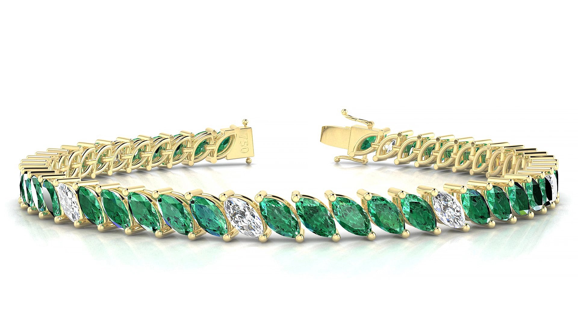 Venezia 5-1 | 18k Yellow Gold 6 x 3 mm Marquise Natural Emerald & Diamond 17 cm Tennis Bracelet