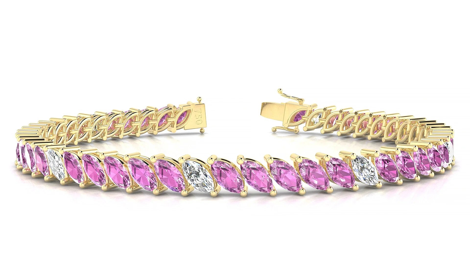 Venezia 5-1 | 18k Yellow Gold 6 x 3 mm Marquise Natural Pink Sapphire & Diamond 18 cm Tennis Bracelet