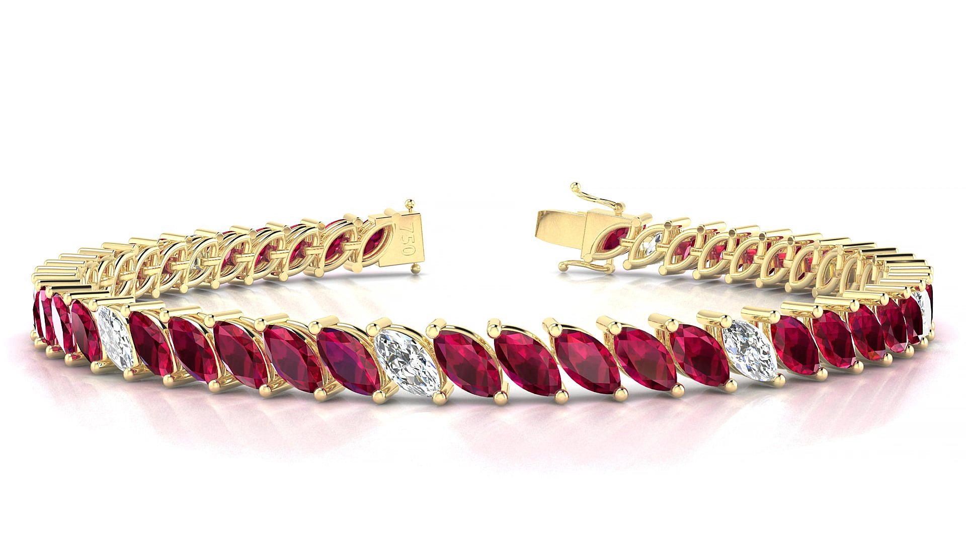 Venezia 5-1 | 18k Yellow Gold 6 x 3 mm Marquise Natural Ruby & Diamond 19 cm Tennis Bracelet